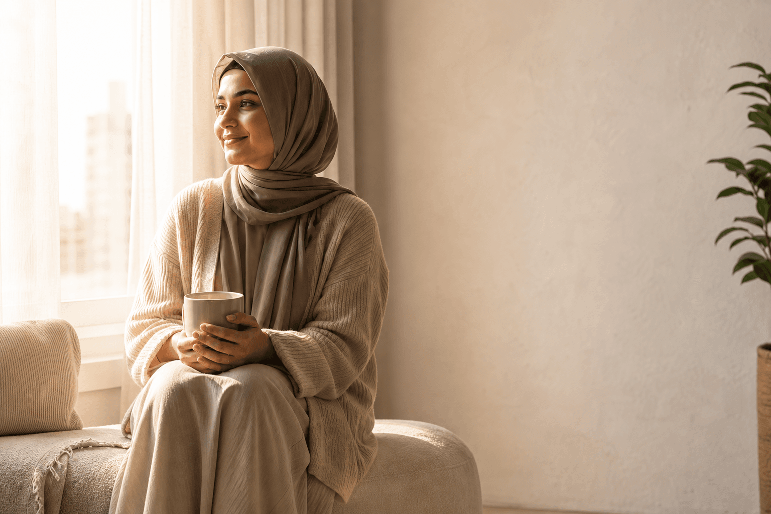 A Muslim woman sitting by a window in warm morning light