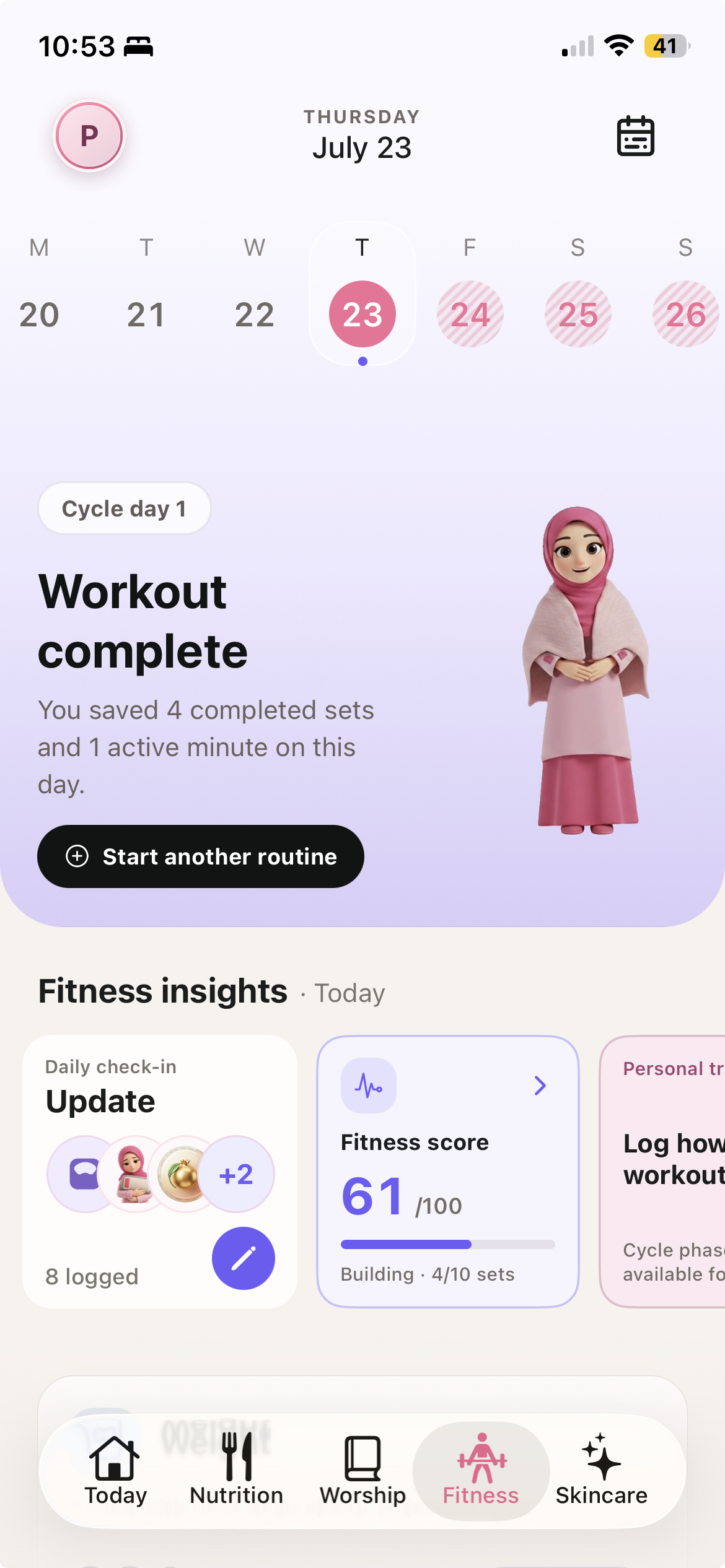 Fitness tab showing cycle-aware movement guidance