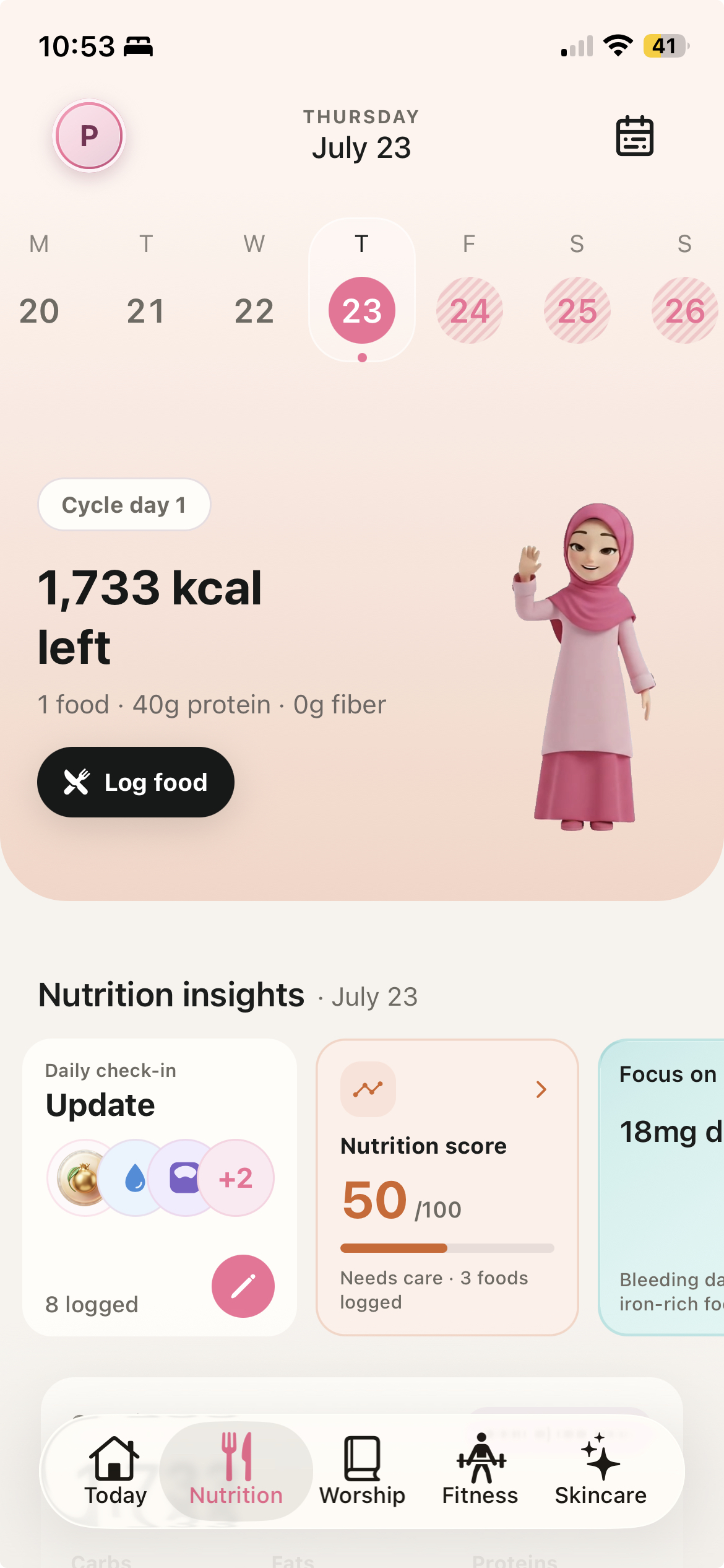 Nutrition tab showing daily food and cycle insights