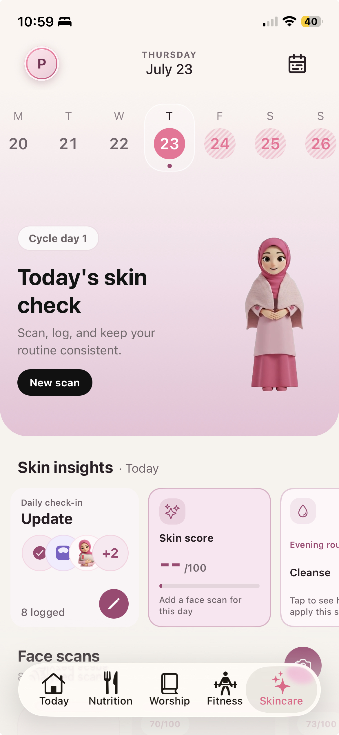 Skincare tab showing a daily routine and skin insights
